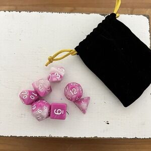 Set Of 7 Dice & Velvet Carry Bag Sparkly‎ Pink & White
